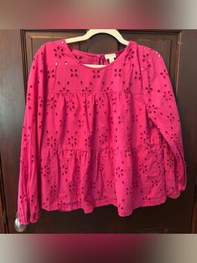 J. Crew Tiered Eyelet Blouse in Bright Pink